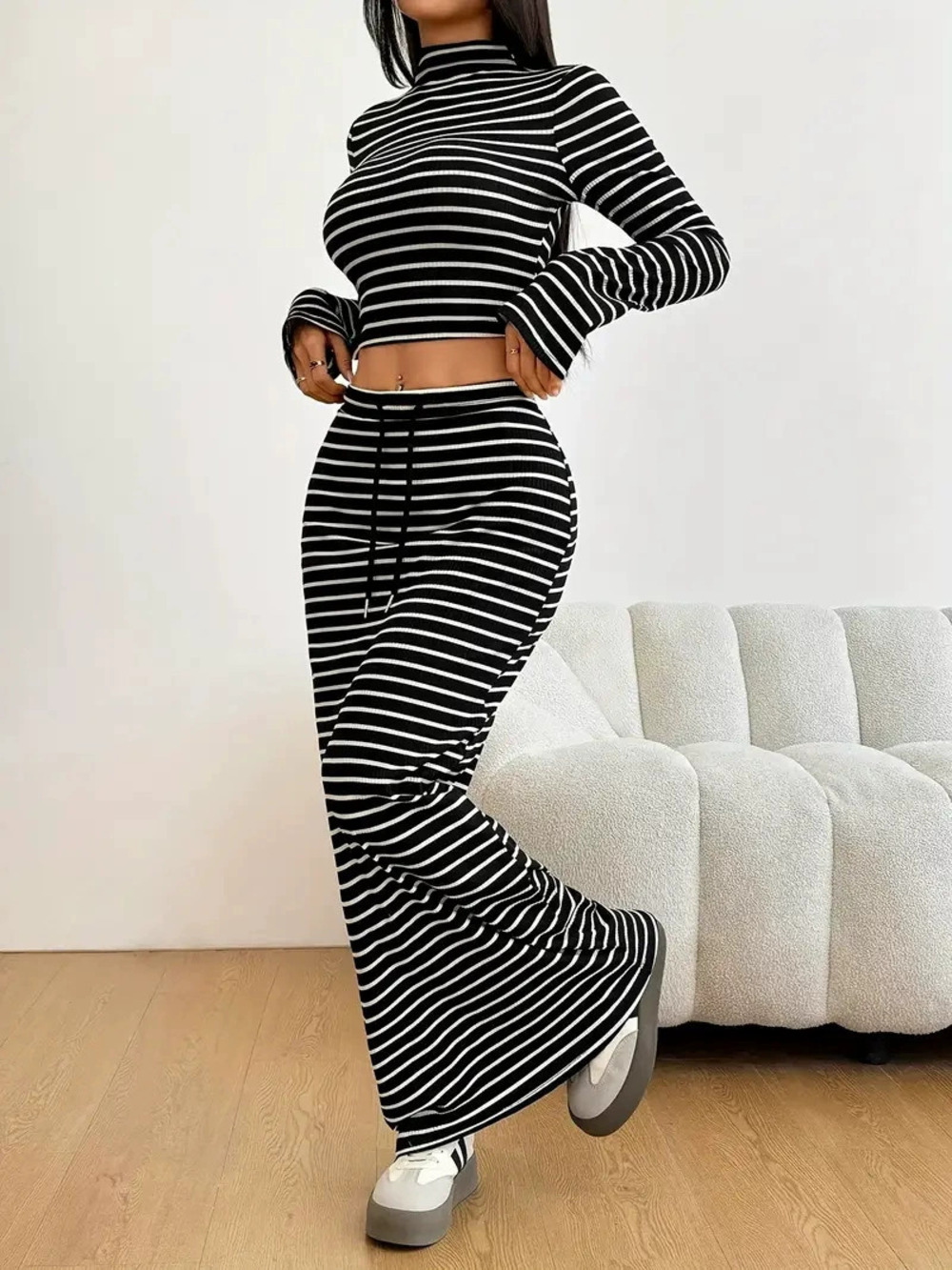 ZARA Solid Striped Set Mock Neck Long Sleeve Top Drawstring Waist Skirt - Picture 5 of 6